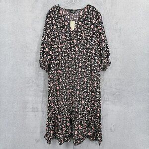 Suzanne Betro Dress 2X Black Red White Leopard Print V Neck Ruffle Trim Midi New